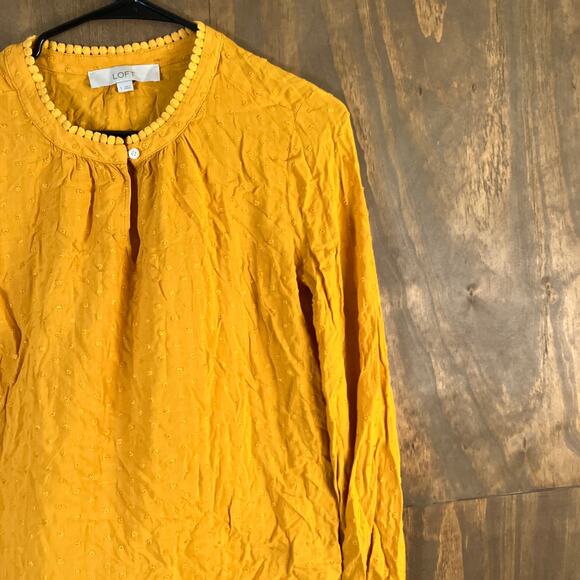 LOFT Womens Blouse Yellow Popcorn Keyhole Front Pleated Round Neck Small - Picture 5 of 12